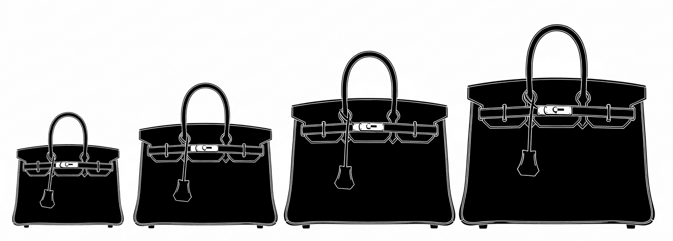 Hermès Birkin size comparison silhouettes for 25, 30, 35, and 40 cm widths