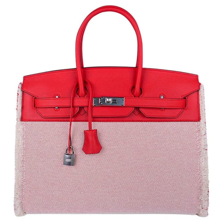 Birkin 35 Swift & Toile Framboise/Ecru Palladium