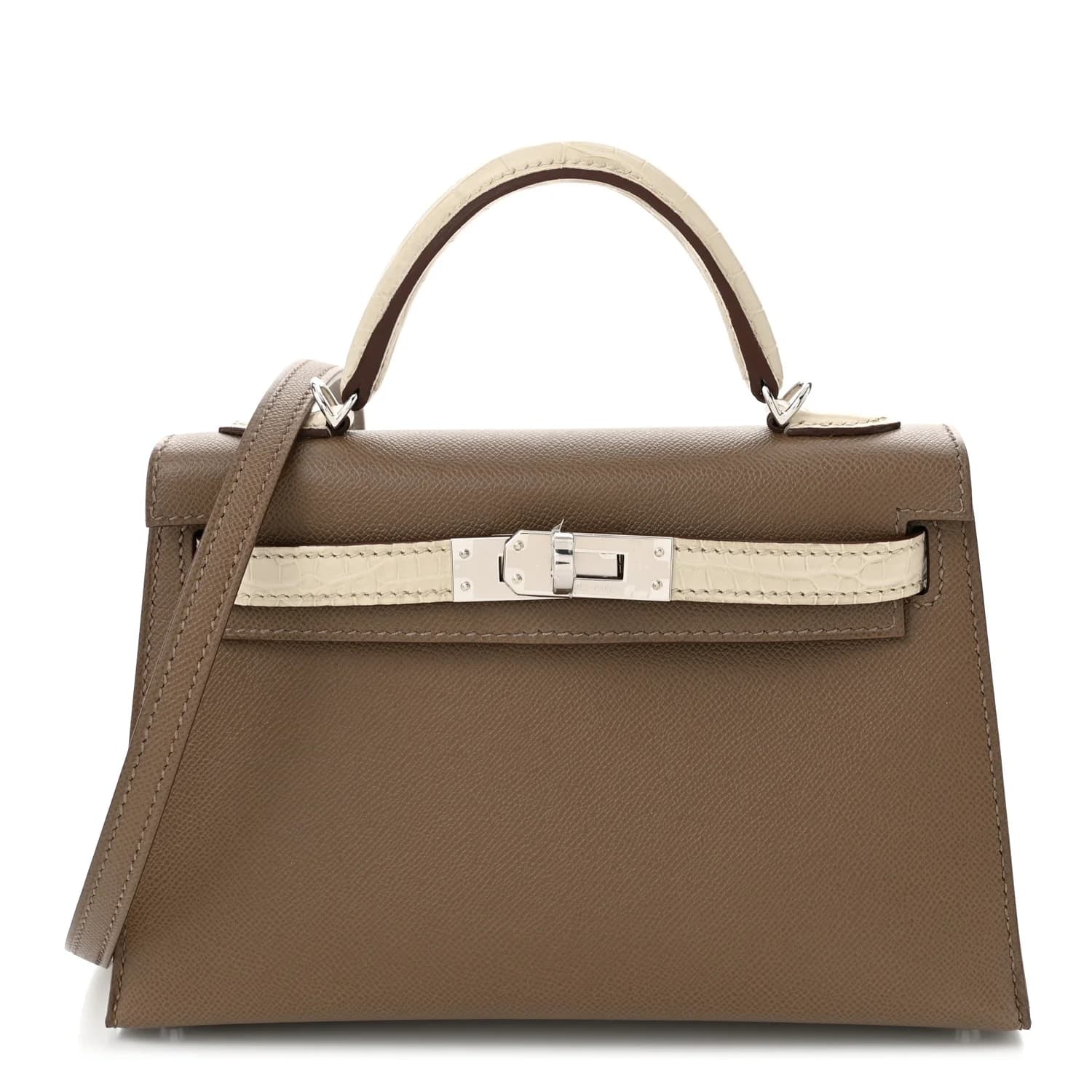 Mini Kelly 20 Madame Calfskin & Matte Alligator Etoupe/Beton Palladium