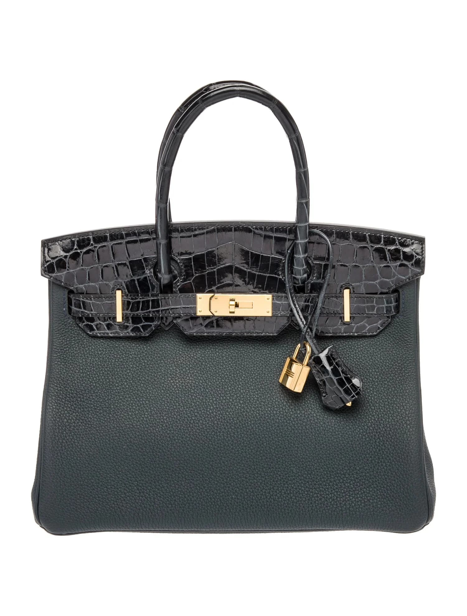 Birkin 30 Togo & Shiny Niloticus Crocodile Vert Rousseau Gold