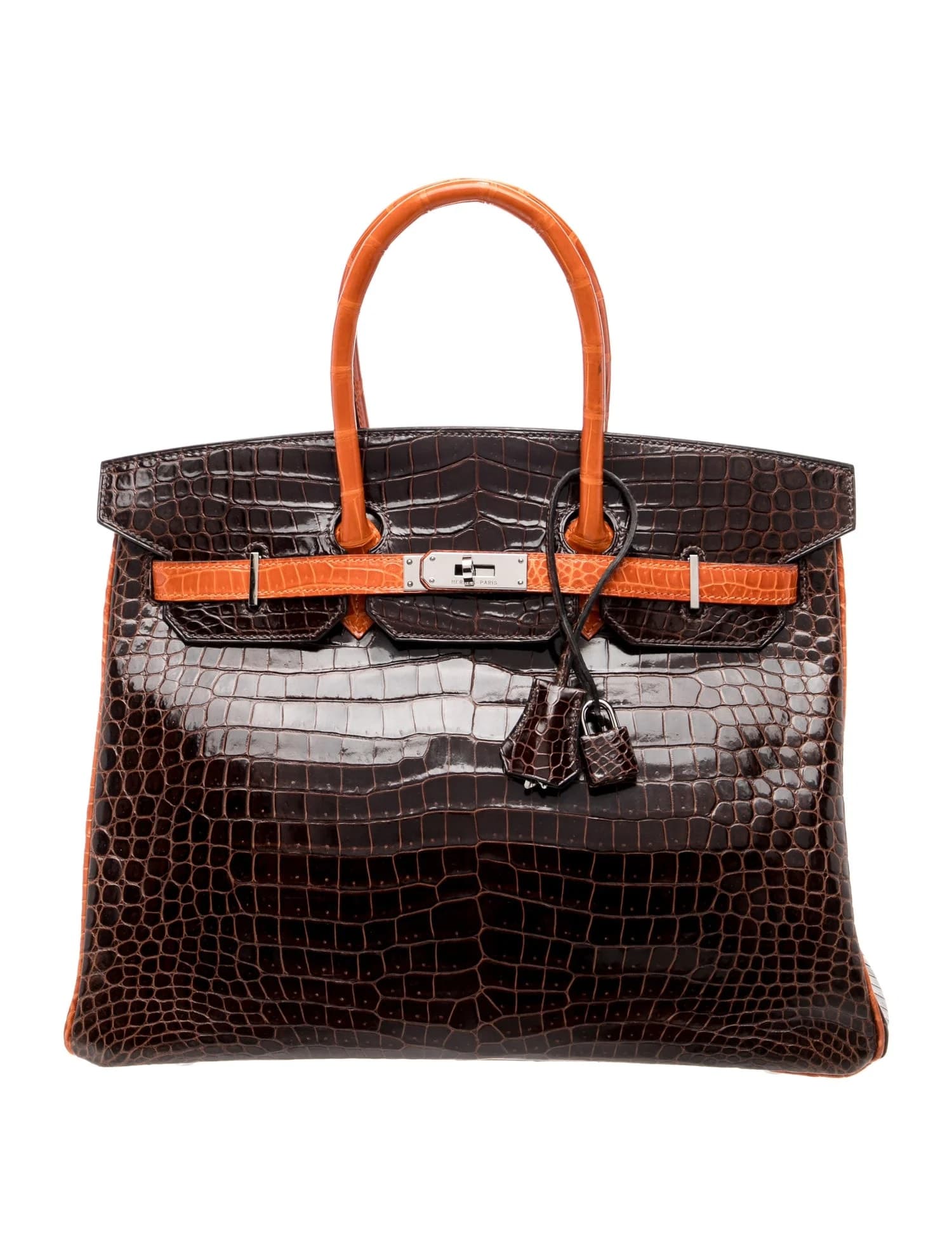 Birkin 35 Shiny Porosus Crocodile Chocolat/Orange d'H Palladium